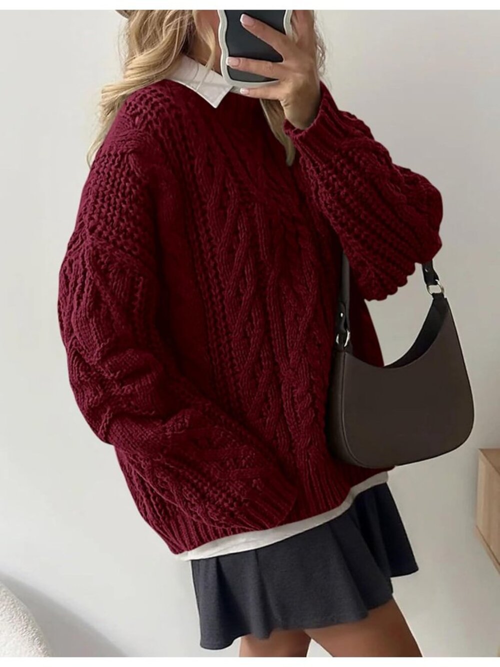 Women's Burgundy Cozy Long Sleeve Loose Fitting Classic Crew Neck Fall Sweaters - Picture 5 of 6